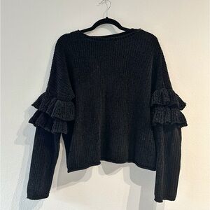 Mossimo Black Plush Sweater with Ruffled Sleeves, Size M - Soft & Stylish